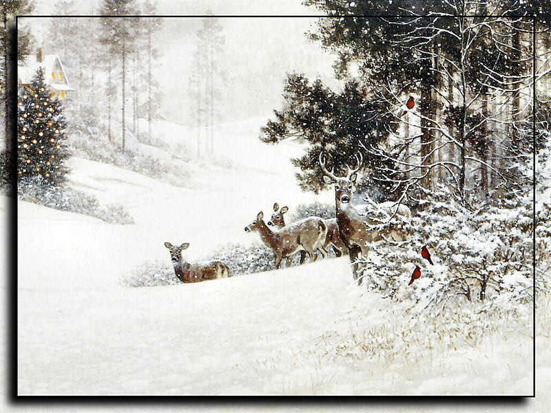 Winter Visitors - Deer F2, art, painting, wildlife, scenery, artwork, animals, landscape, deer, HD wallpaper