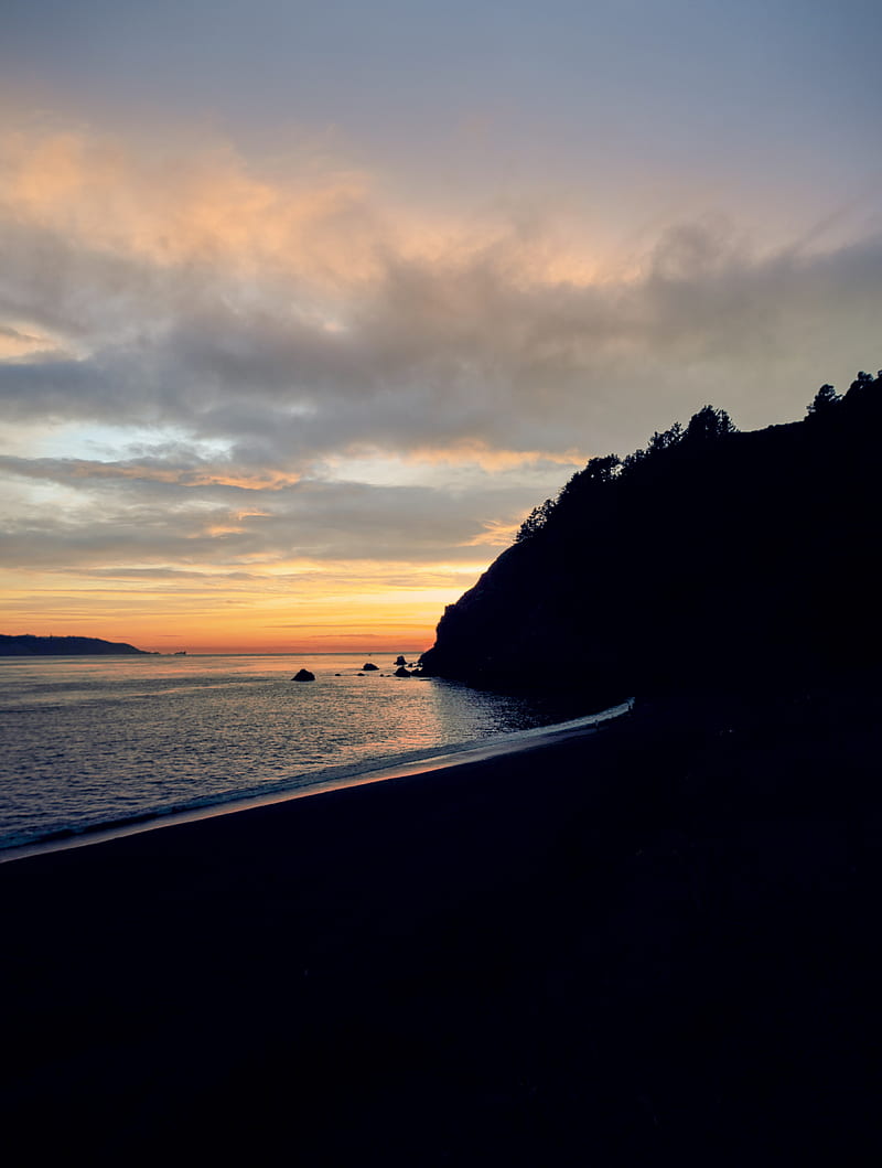 beach, mountains, sea, sunset, silhouettes, dark, HD phone wallpaper