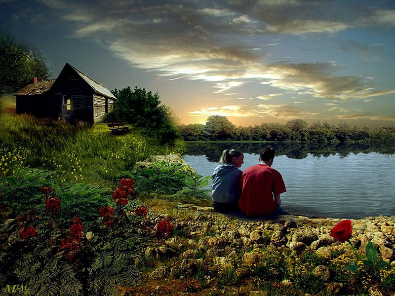 Sweet love scene, friendship, people, love, sunset, lake, couple, HD wallpaper