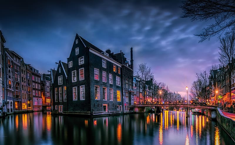 Cities, Night, City, Light, Netherlands, Amsterdam, , Canal, HD wallpaper