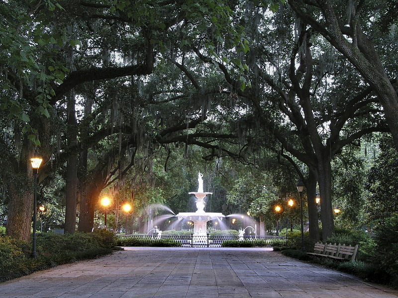 Forsyth Park, fence, fountain, lamps, spanish moss, park, trees, Georgia, bushes, lamp posts, lights, Savannah, benches, Savannah Georgia, moss, HD wallpaper