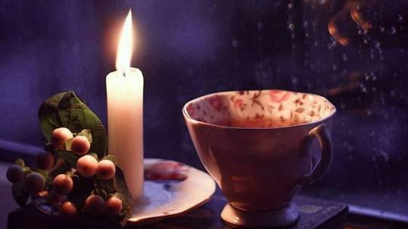 candle light, cup, candle, berrys, tea, HD wallpaper