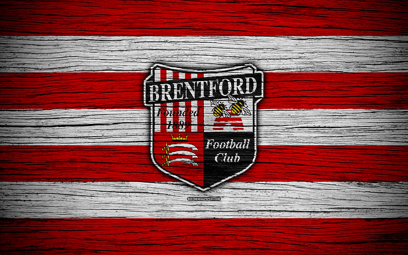 Brentford FC EFL Championship, soccer, football club, England, Brentford, logo, wooden texture, FC Brentford, HD wallpaper