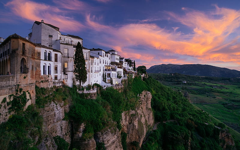 Ronda, evening, sunset, houses, cityscape, Malaga, Andalusia, Spain, HD wallpaper