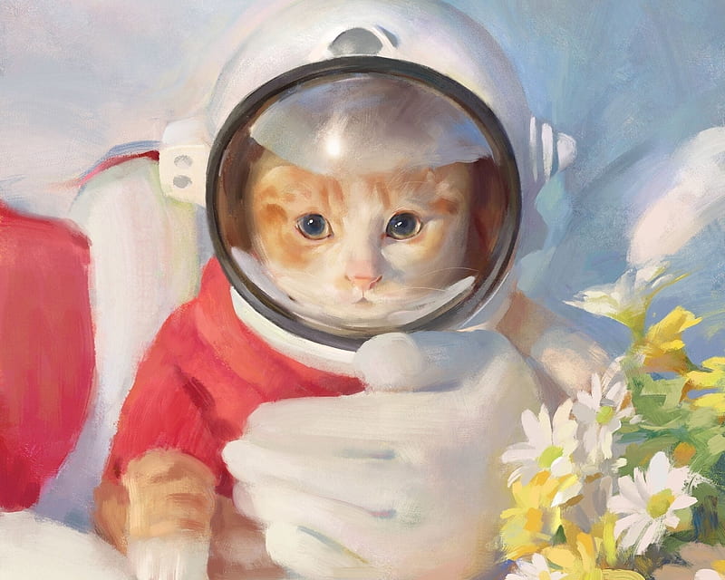 Astronaut cat, art, red, cosmonaut, frumusete, luminos, astronaut, cat, cute, hand, funny, white, pisici, tadma, HD wallpaper