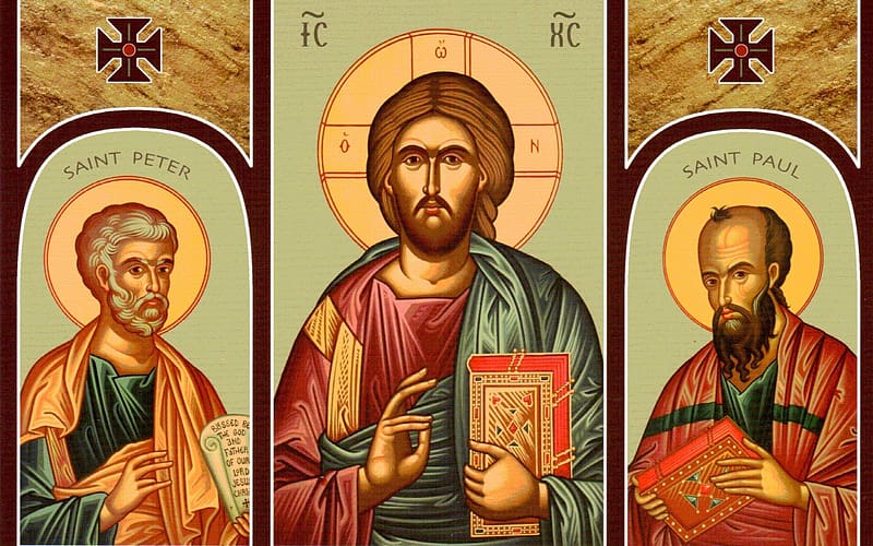Jesus, Peter and Paul, Paul, Peter, icon, Jesus, saints, HD wallpaper