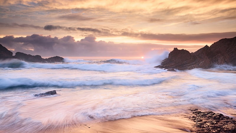 waves crashing on a beach at sunset, beach, rocks, surf, sunset, waves, sea, HD wallpaper