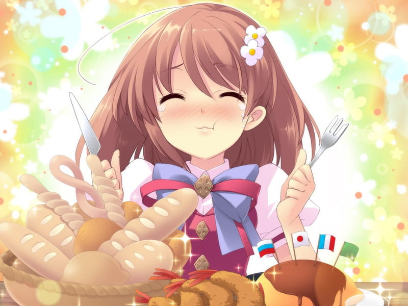 Yummy, shrimp, bread, blushing, anime girl, flan, school girl, school uniform, HD wallpaper