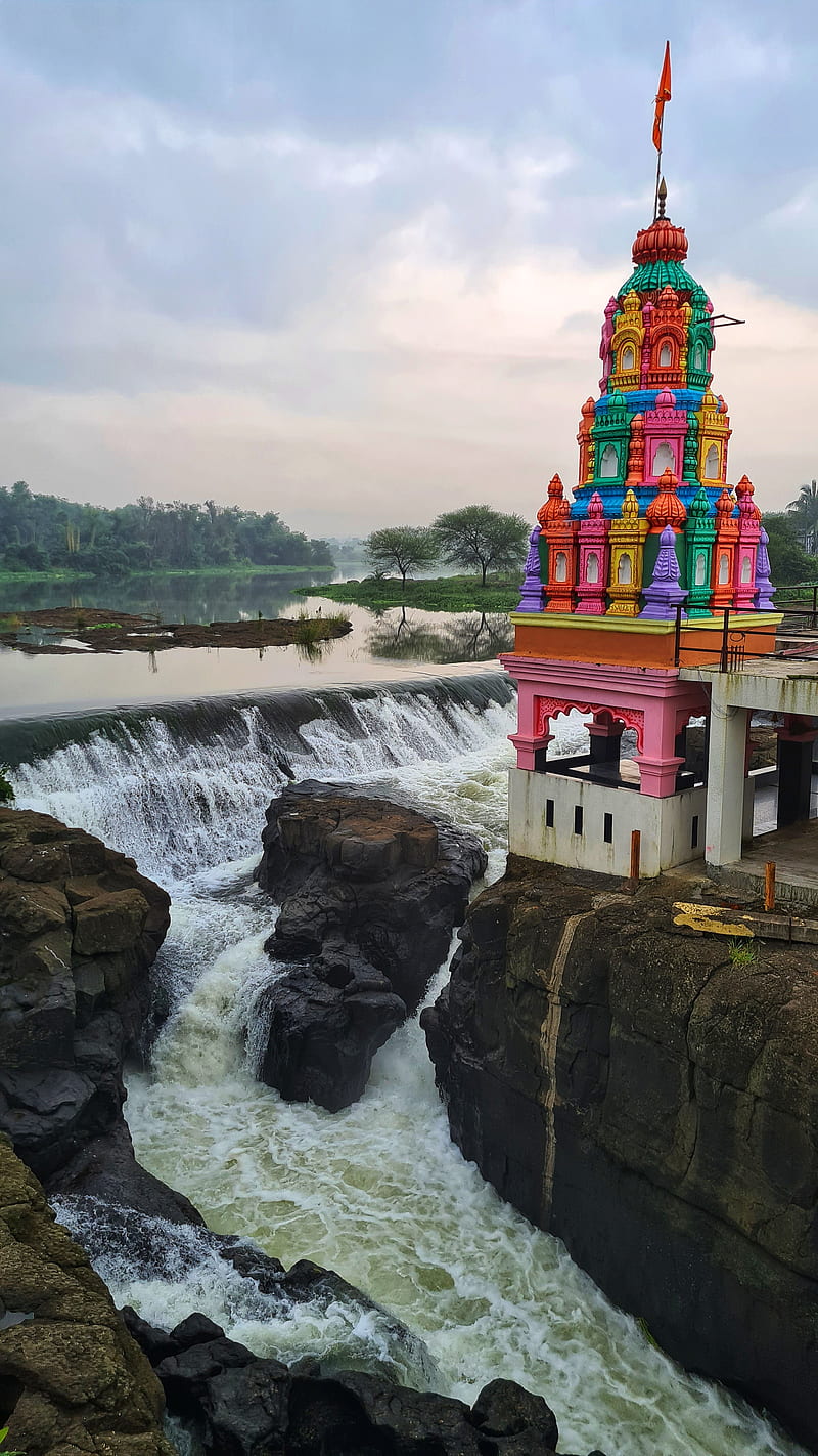 waterfall, monsoon, nature, temple, water, waterflow, HD phone wallpaper