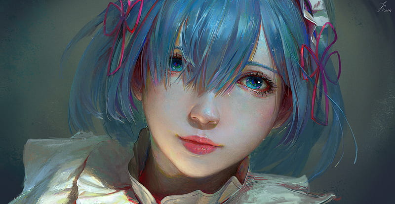 Rem, fantasy, girl, anime, manga, face, blue, art, scorpionfish, pink, HD wallpaper