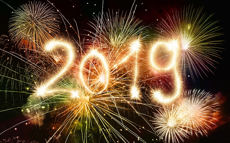 2019 Year, fireworks, creative concepts, New Year, 2019 concepts, fireworks in the sky, Happy New Year, HD wallpaper