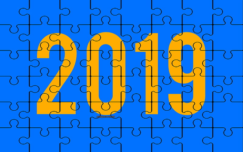 2019 puzzle background, 2019 year, blue-yellow puzzle, creative 2019 art, puzzles, blue 2019 background, 2019 concepts, Happy New Year, HD wallpaper