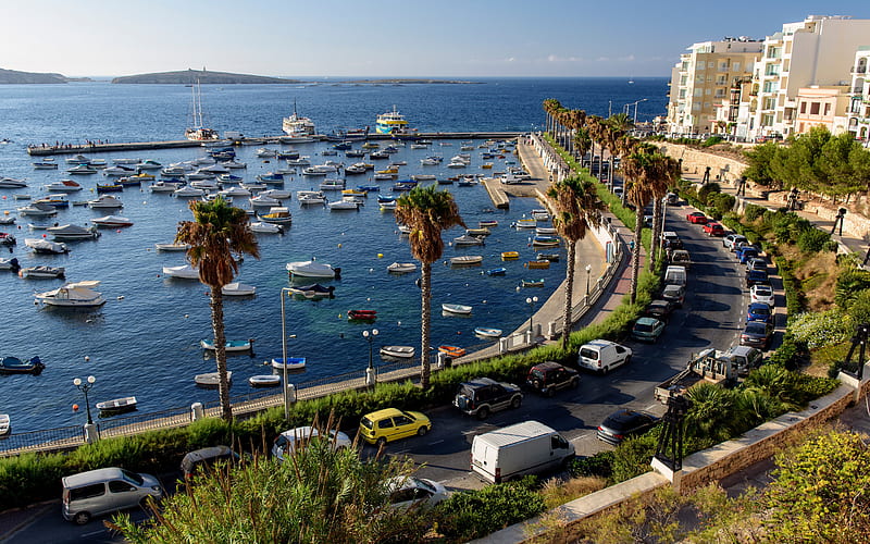 Valletta, Malta, summer, coast, yachts, evening, sunset, seascape, Mediterranean sea, HD wallpaper