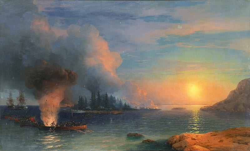 The battle of Bomarsund, water, orange, ship, painting, sunset, ivan aivazovsky, sea, art, pictura, blue, HD wallpaper