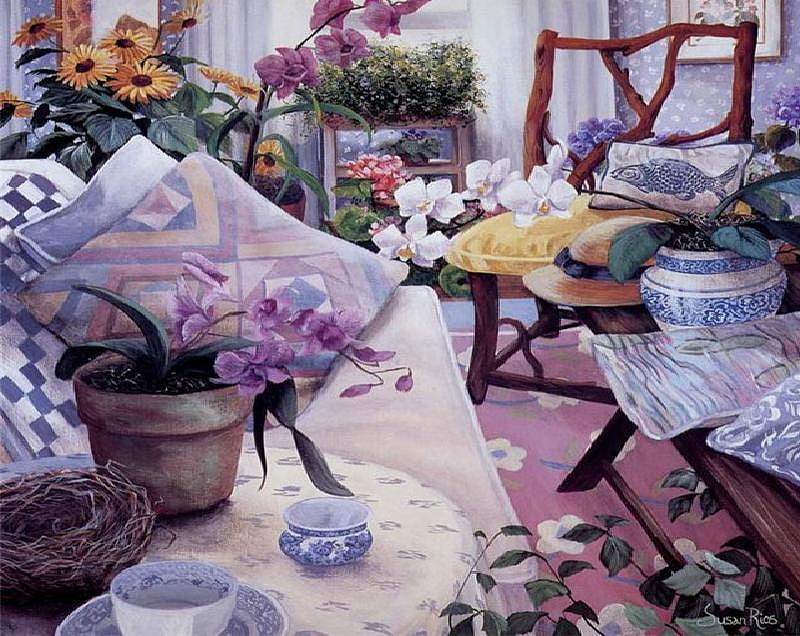 Gardener's Room, table, saucer, curtains, hat, stand, nest, plants, cup, chairs, flowers, sofa, pillows, HD wallpaper