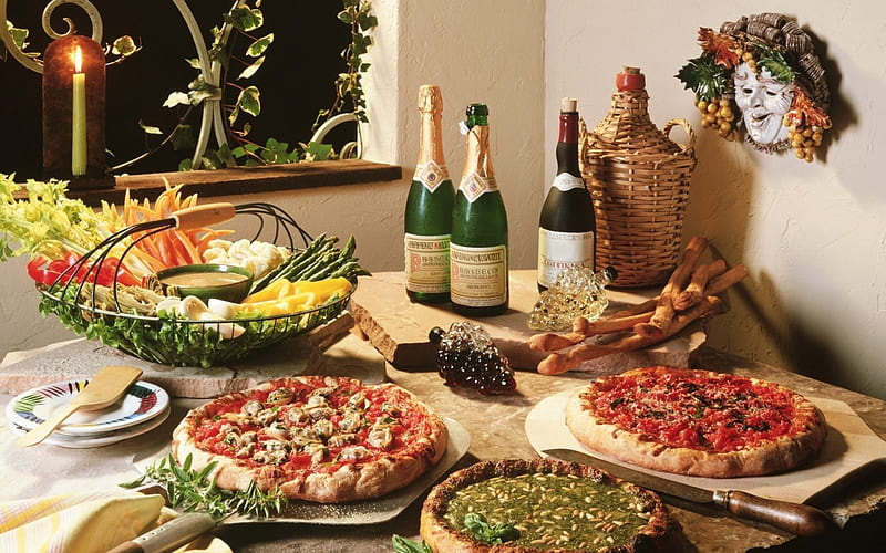 Pizza, Wine Variety, Pizza, Cheese, Wine, Bread, HD wallpaper