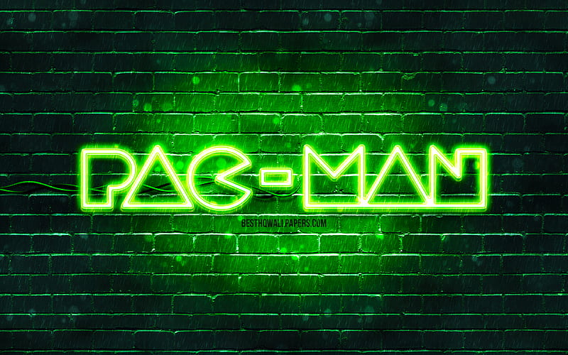 Pac-Man green logo green brickwall, Pac-Man logo, Pac-Man neon logo, Pac-Man, HD wallpaper