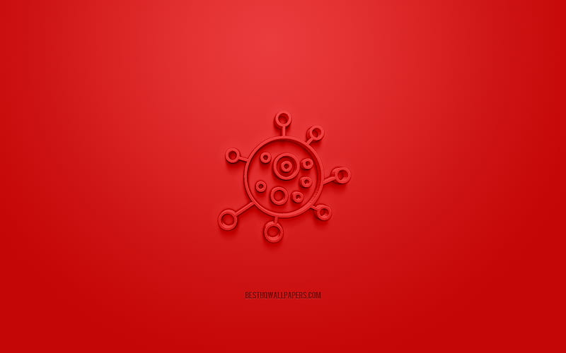 Virus 3d icon, red background, 3d symbols, Virus, COVID-19 3d icon, creative 3d art, 3d icons, Virus sign, Warning 3d icons, HD wallpaper