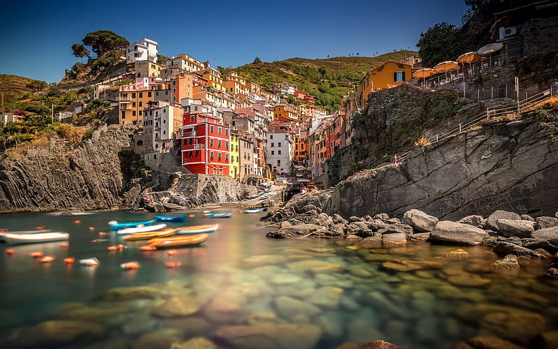 riomaggiore, italy, boats, cinque terre, italian town, ligurian coast, resort, HD wallpaper