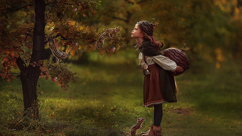 Girl Child Is Playing With Chipmunk Squirrel On Oak Tree Cute, HD wallpaper
