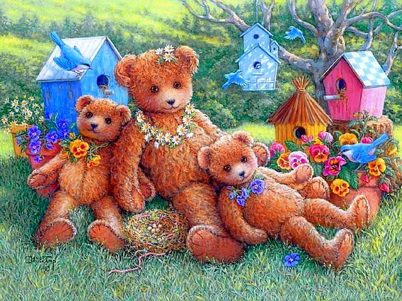 ★Family Getaway★, pretty, family, attractions in dreams, bonito, birdhouses, teddy bears, paintings, flowers, fields, lovely, colors, love four seasons, birds, creative pre-made, happy, cute, weird things people wear, nature, getaway, HD wallpaper