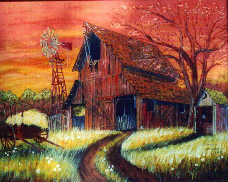 The Old Driving Shed, red, windmill, wild flowers, golden, sunset, hay, barn, memories, farm, wagon, grasses, trail, HD wallpaper