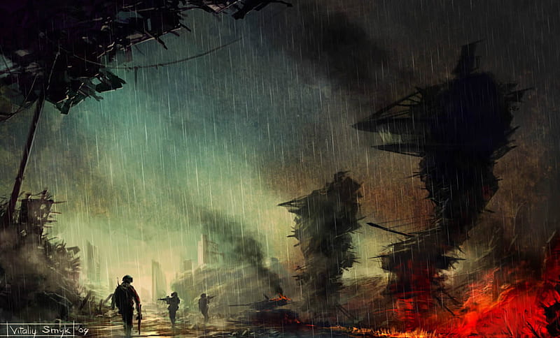 In the Rain, guerra, destruction, storm, fire, sci-fi, fantasy, battle, rain, night, HD wallpaper