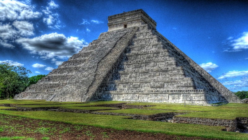 beautiful mayan pyramid in yucatan mexico r, ancient, grass, pyramid, r, clouds, HD wallpaper