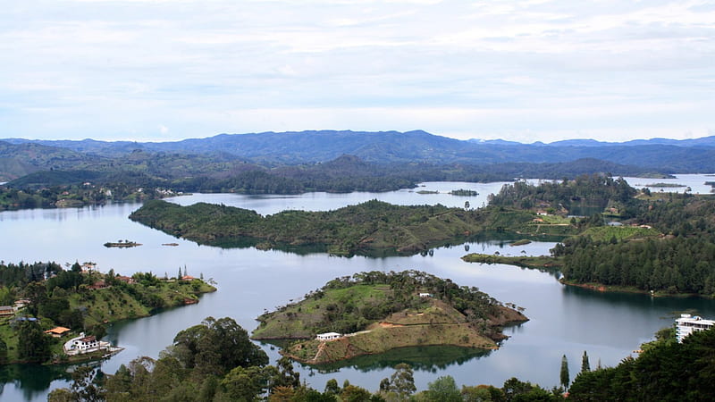 lovely town of guatape columbia on a reservoir, islands, trees, reservoir, town, HD wallpaper