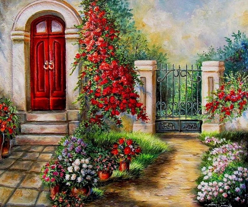 Gate to the Hidden Garden, fence, house, painting, flowers, path, artwork, door, HD wallpaper
