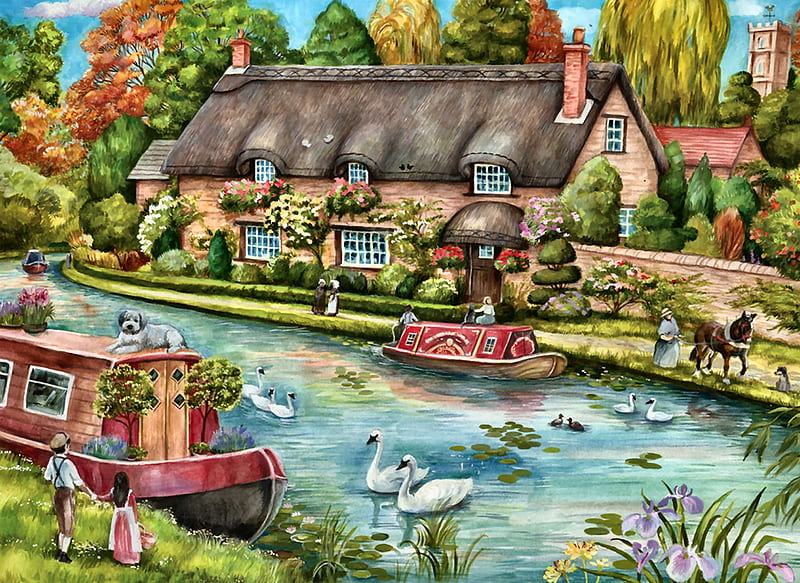 Canal Cottage F1, architecture, donkey, art, cottage, canal, bonito, artwork, swans, boats, mule, water, painting, wide screen, Tudor, scenery, landscape, HD wallpaper