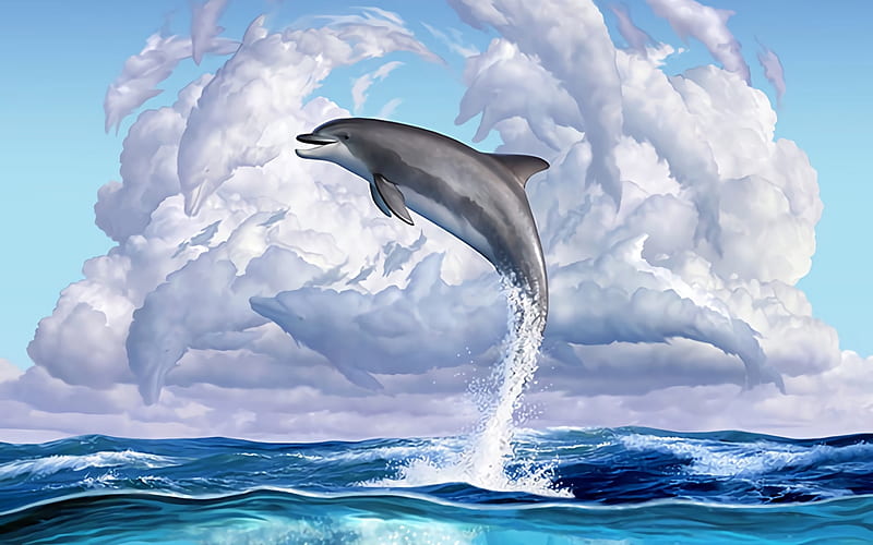 Dolphin, white, blue, art, cloud, fish, jerry lofarro, sea, fantasy, water, vara, summer, HD wallpaper