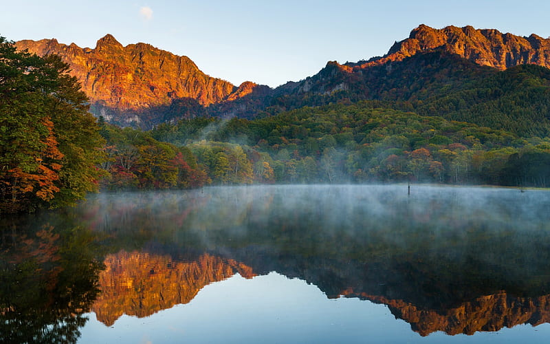 morning, mountain, forest, mist, lake, autumn, HD wallpaper