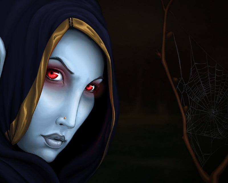 Dark Elf, Spider Web, Red Eyes, Female, Hood, Face, HD wallpaper