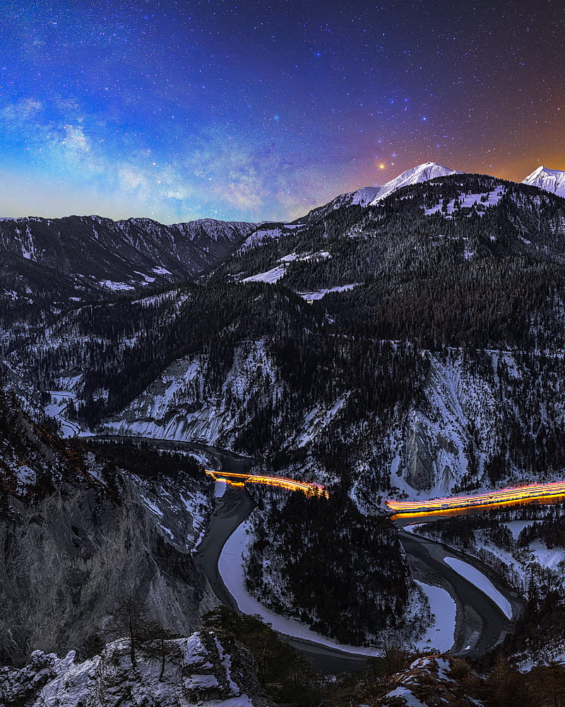 mountains, milky way, stars, night, long exposure, HD phone wallpaper