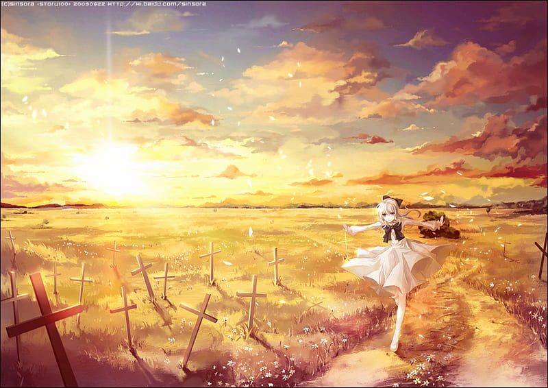 Sanctuary, dress, sunset, sky, clouds, girl, running, road, cross, field, HD wallpaper