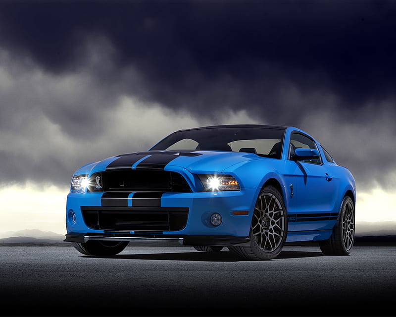 muscle car, black stripes, front engine, black alloys, two seater, blue, HD wallpaper