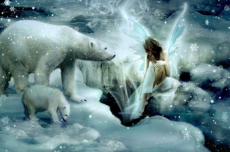 Winter Fairy, bear, bonito, woman, cold, polar, polar bear, fantsy, frost, fairy, blue, wings, angel, winter, snowflake, girl, snow, snowflakes, ice, white, HD wallpaper