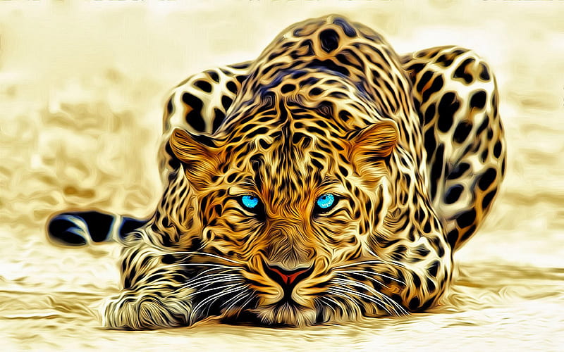 leopard, 3d art, blue eyes, predators, HD wallpaper