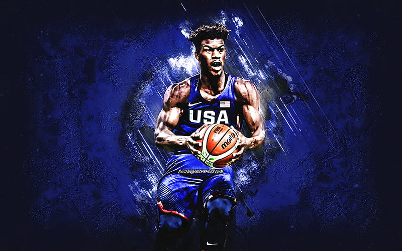Jimmy Butler, USA national basketball team, USA, American basketball player, portrait, United States Basketball team, blue stone background, HD wallpaper