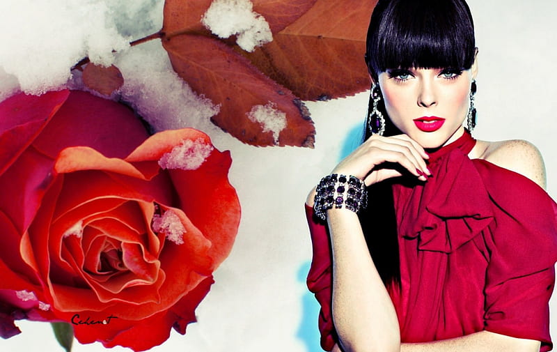 Coco Rocha, bracelet, red, model, rose, by cehenot, woman, make-up, winter, girl, jewel, white, pink, HD wallpaper