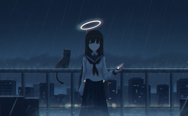 Anime, Original, Cat, Girl, rain, Uniform, HD wallpaper