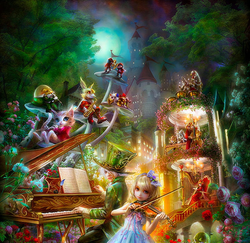 Alice symphony, art, rabbit, violin, madhatter, alice, luminos, wonderland, cat, instrument, symphony, fantasy, girl, green, bunny, pisici, white, HD wallpaper