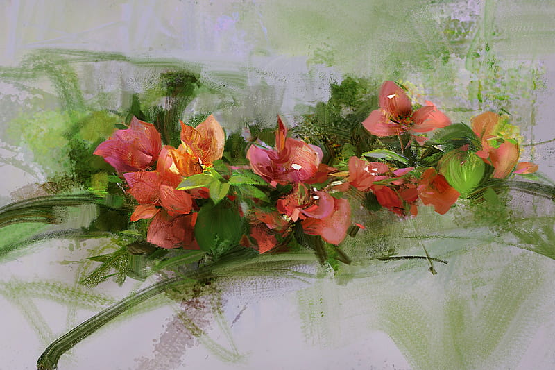 Flowers, red, art, fantasy, luminos, green, yizheng ke, orange, flower, HD wallpaper