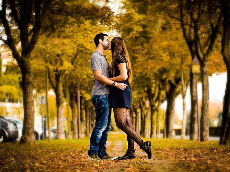 Autumn Love, lovers, autumn, trees, alley, kiss, couple, HD wallpaper