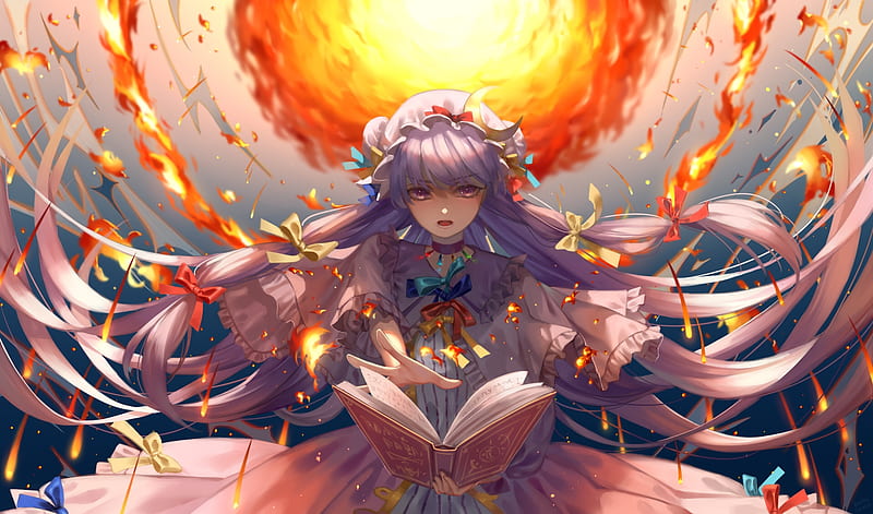patchouli knowledge, touhou, spell book, fireball, Anime, HD wallpaper