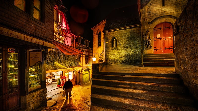 night at side street in medieval village r, town, store, r, man, church, lights, night, HD wallpaper