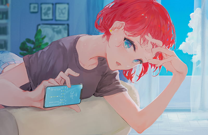 Anime, Original, Girl, Red Hair, Blue Eyes, Smartphone, Short Hair, iPhone,  HD wallpaper | Peakpx