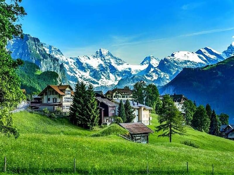 Swiss Alps, zold termeszet, utak, fak, alpok, hazak, svajc, hegyek, HD wallpaper