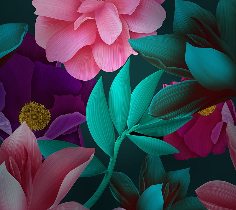 HUAWEI MATE 10, beauty, flowers, green, huawei mate 10 , leaves, mate 10, pink, purple, stock wall, HD wallpaper